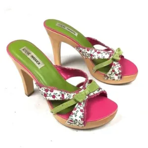 Vintage Steve Madden Luckii Floral Wooden Open Toe Mules Heels Green/Pink 7B