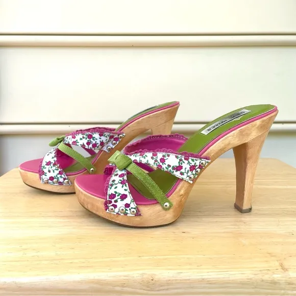 Vintage Steve Madden Luckii Floral Wooden Open Toe Mules Heels Green/Pink 7B