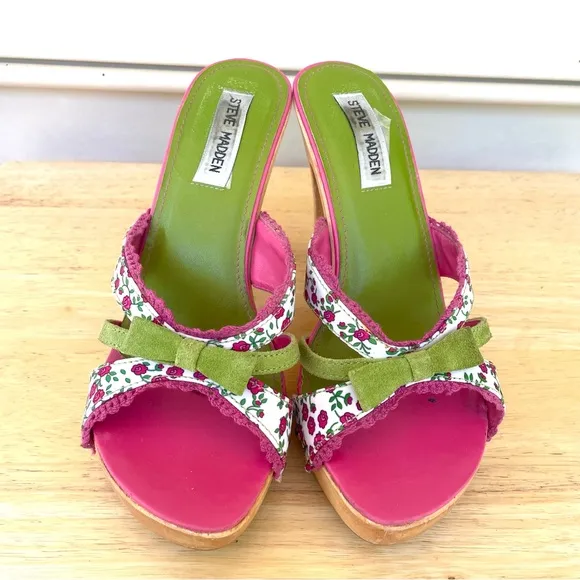 Vintage Steve Madden Luckii Floral Wooden Open Toe Mules Heels Green/Pink 7B
