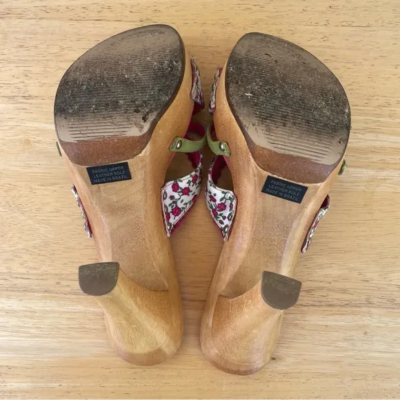 Vintage Steve Madden Luckii Floral Wooden Open Toe Mules Heels Green/Pink 7B