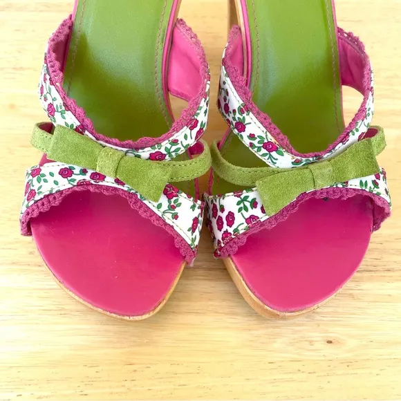 Vintage Steve Madden Luckii Floral Wooden Open Toe Mules Heels Green/Pink 7B
