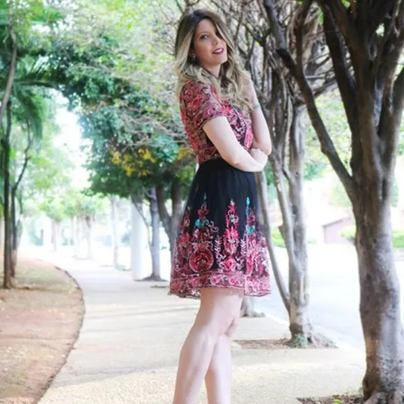 Vintage Style Embroidery Mesh Overlay Boho Dress