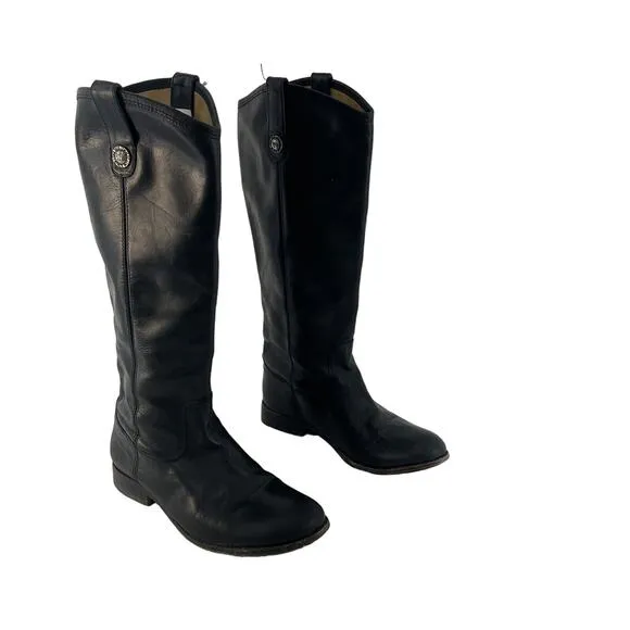 Vintage White Label Womens FRYE Black Leather Tall Biker Boots, Size 7B Preowned