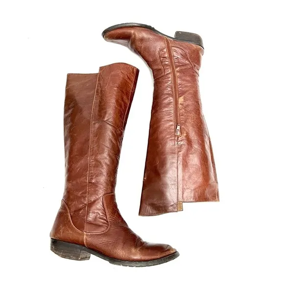 Vintage Y2K brown leather knee high half zip riding boots