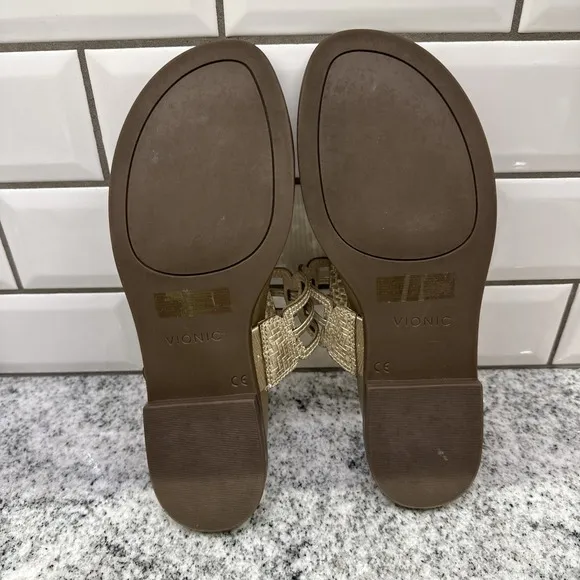 Vionic Alvana Gold Leather Thong Flat Sandals Women's 8.5 Comfort Arch Support