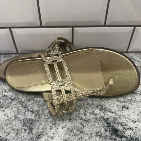 Vionic Alvana Gold Leather Thong Flat Sandals Women's 8.5 Comfort Arch Support