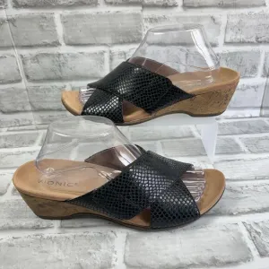 Vionic Leticia Women's 10 Black Pebble Leather Cork Wedge Comfort Sandals