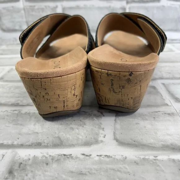 Vionic Leticia Women's 10 Black Pebble Leather Cork Wedge Comfort Sandals