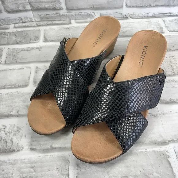 Vionic Leticia Women's 10 Black Pebble Leather Cork Wedge Comfort Sandals