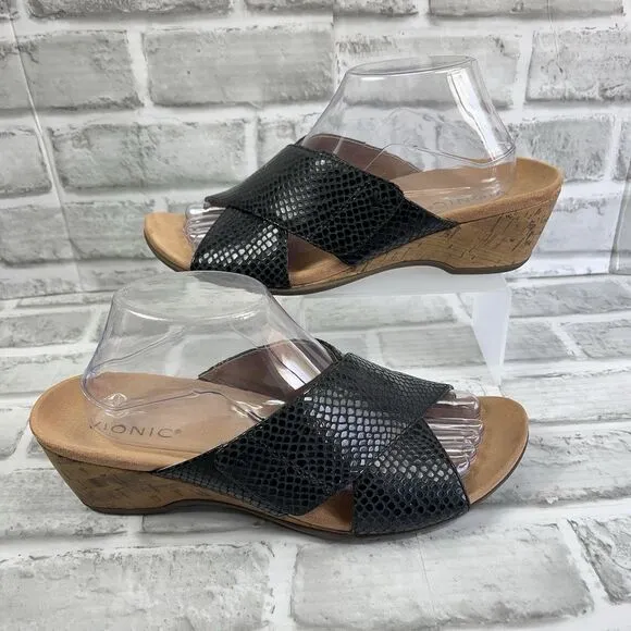Vionic Leticia Women's 10 Black Pebble Leather Cork Wedge Comfort Sandals