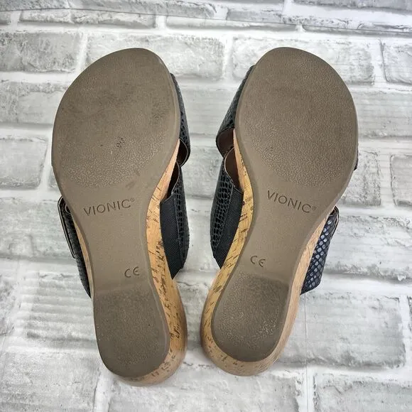 Vionic Leticia Women's 10 Black Pebble Leather Cork Wedge Comfort Sandals