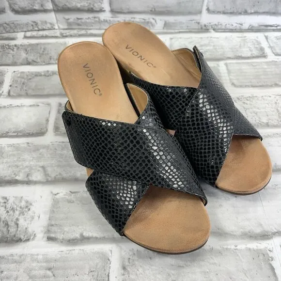 Vionic Leticia Women's 10 Black Pebble Leather Cork Wedge Comfort Sandals