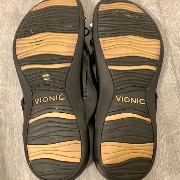 Vionic Women's Bella II Black Patent Leather Bows Flip Flops Sandals Sz 9-9.5