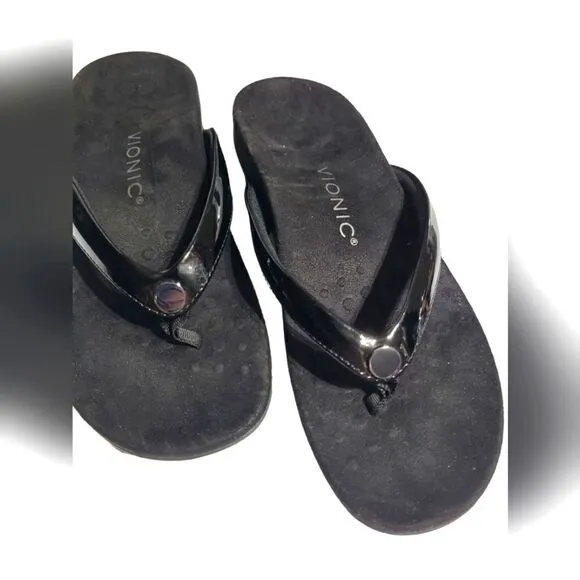 Vionic Davina Flip Flop, Black Faux Patent Leather Thong Sandals | 7