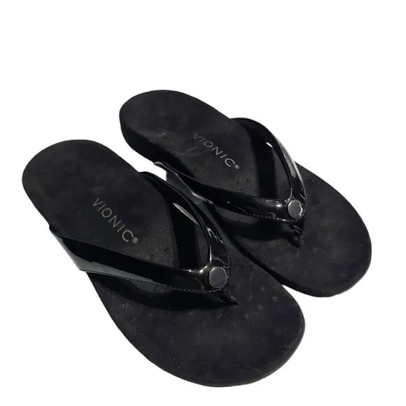 Vionic Davina Flip Flop, Black Faux Patent Leather Thong Sandals | 7