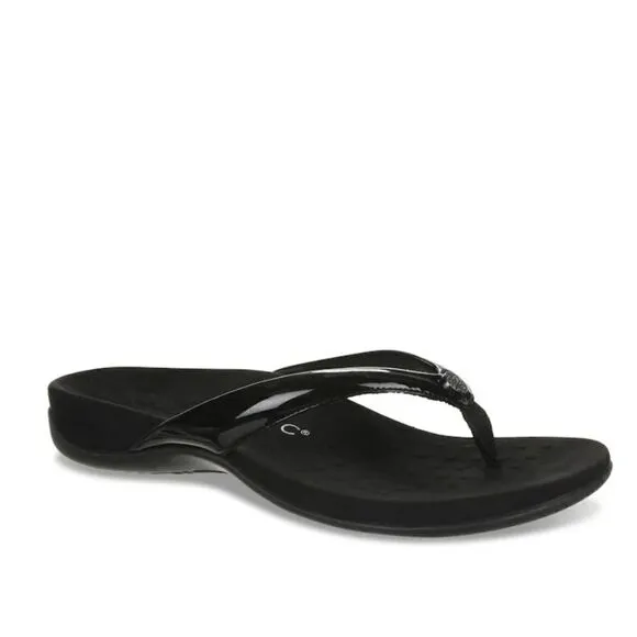 Vionic Davina Flip Flop, Black Faux Patent Leather Thong Sandals | 7