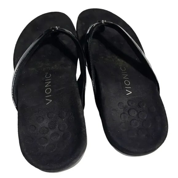Vionic Davina Flip Flop, Black Faux Patent Leather Thong Sandals | 7