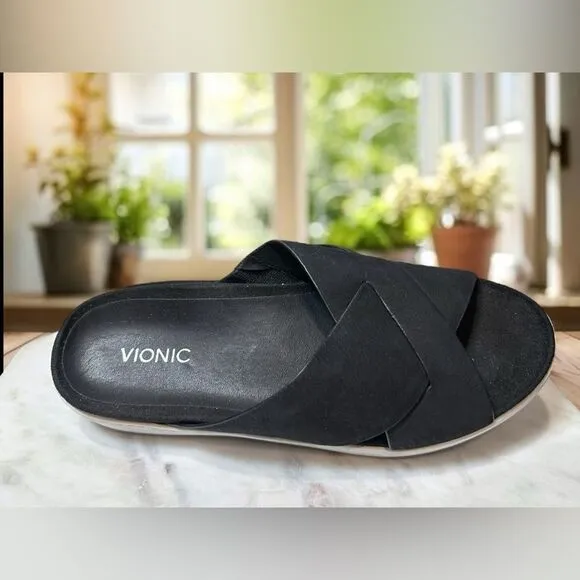 VIONIC Splendid Lou Black Leather Suede Slide Sandals Size 8 EU 39
