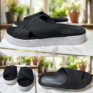 VIONIC Splendid Lou Black Leather Suede Slide Sandals Size 8 EU 39
