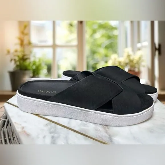VIONIC Splendid Lou Black Leather Suede Slide Sandals Size 8 EU 39