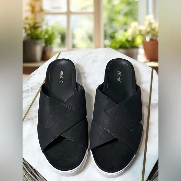 VIONIC Splendid Lou Black Leather Suede Slide Sandals Size 8 EU 39