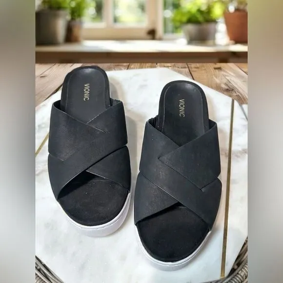 VIONIC Splendid Lou Black Leather Suede Slide Sandals Size 8 EU 39