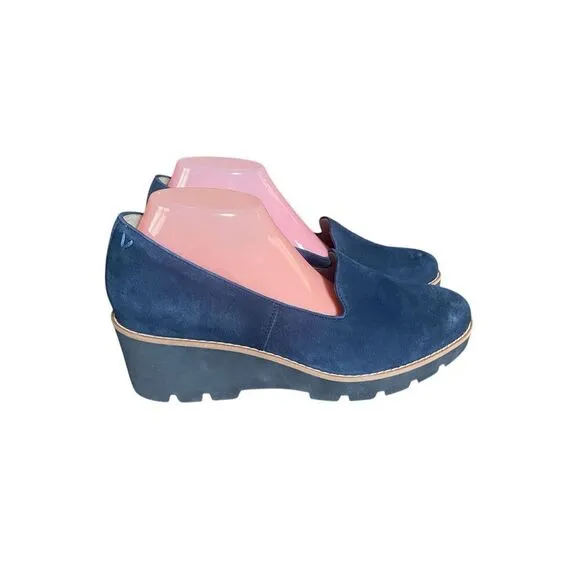 Vionic Willa Wedge Navy Blue Suede Water Repellent Slip On Loafer Shoes Sz 10