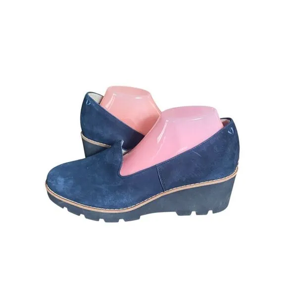 Vionic Willa Wedge Navy Blue Suede Water Repellent Slip On Loafer Shoes Sz 10