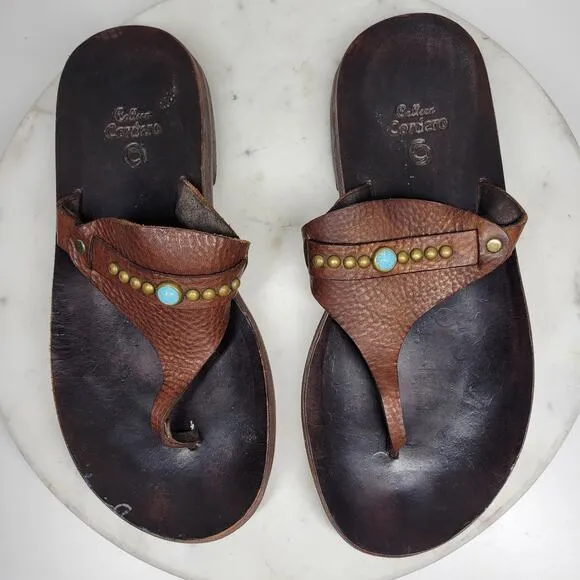 VTG Calleen Cordero Leather Flip Flops Womens 11 Brown Thong Sandals Boho