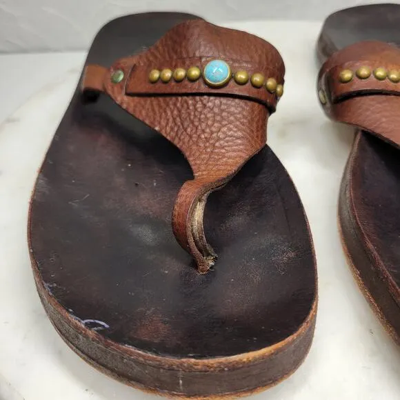VTG Calleen Cordero Leather Flip Flops Womens 11 Brown Thong Sandals Boho
