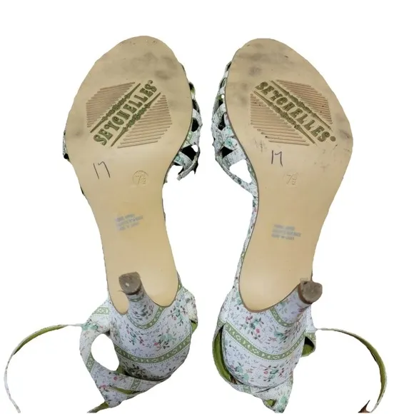 VTG Seychelles Green Floral Woven Heels w/ Felt Flower Size 7.5 Whimsigoth Fairy