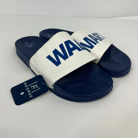 Walmart Logo Flip Flop Slide Sandals Mens Size 9 George RARE White Blue New
