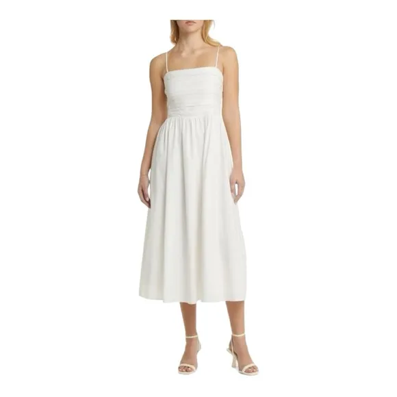WAYF Sammie Pleat Strapless Stretch Cotton Sundress in White