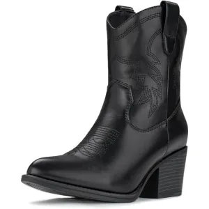 Western Boots Mid Calf Boots Short Chunky Classic Black Faux Leather For Women