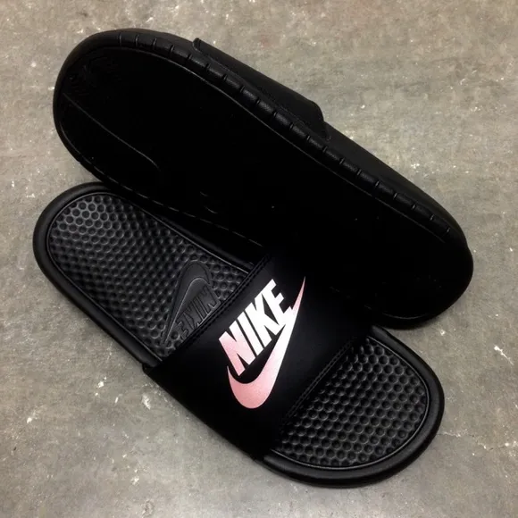WMNS NIKE BENASSI SLIDES JUSTDO IT BLACKS ROSE GOLDS JDI