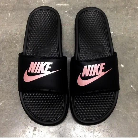 WMNS NIKE BENASSI SLIDES JUSTDO IT BLACKS ROSE GOLDS JDI