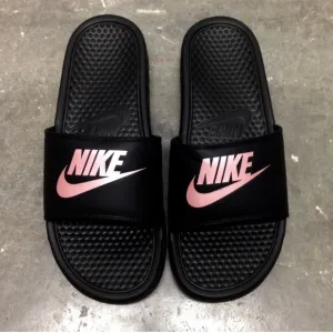 WMNS NIKE BENASSI SLIDES JUSTDO IT BLACKS ROSE GOLDS JDI