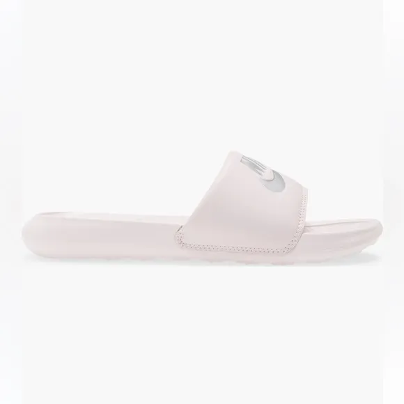 WMNS NIKE VICTOR ONE SLIDES ALL BLACKS BARELY ROSE PINK METALLIC SILVER