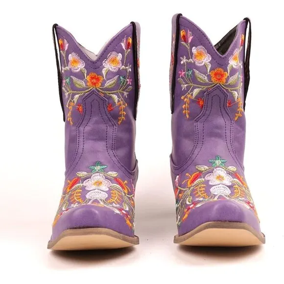 Women Flower Embroidered Ankle Booties Purple Synthetic Chunky Heel Short Boots