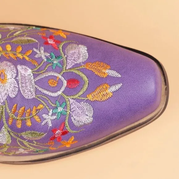 Women Flower Embroidered Ankle Booties Purple Synthetic Chunky Heel Short Boots
