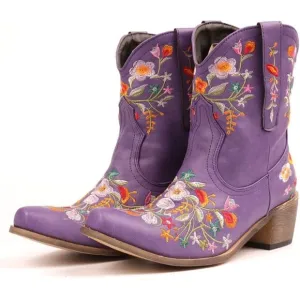 Women Flower Embroidered Ankle Booties Purple Synthetic Chunky Heel Short Boots
