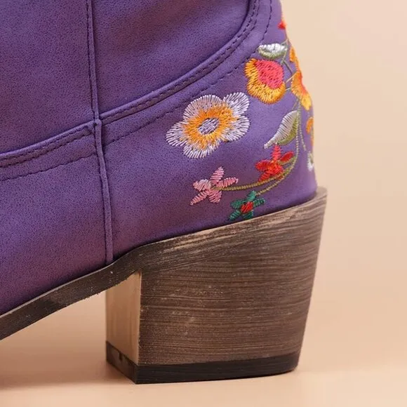 Women Flower Embroidered Ankle Booties Purple Synthetic Chunky Heel Short Boots