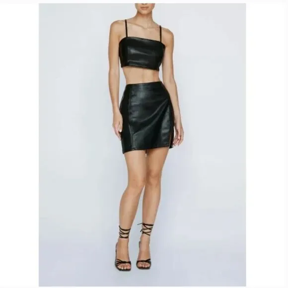 Women US-12 Nasty Gal Faux Leather Black Split Mini Short Zip Back Skirt NWT