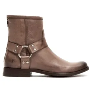 Women’s FRYE 6 Phillip Harness Short Taupe Gray‎ Moto Leather Boots