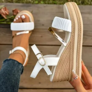 Women's Gold Woven Strap With Rhinestone Embellishment Wedge Platform Sandals
