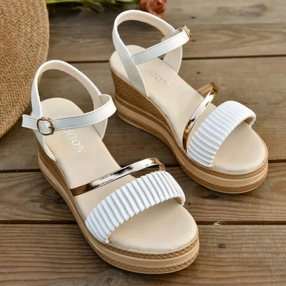 Women's Gold Woven Strap With Rhinestone Embellishment Wedge Platform Sandals