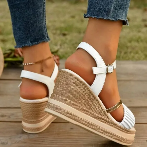Women's Gold Woven Strap With Rhinestone Embellishment Wedge Platform Sandals