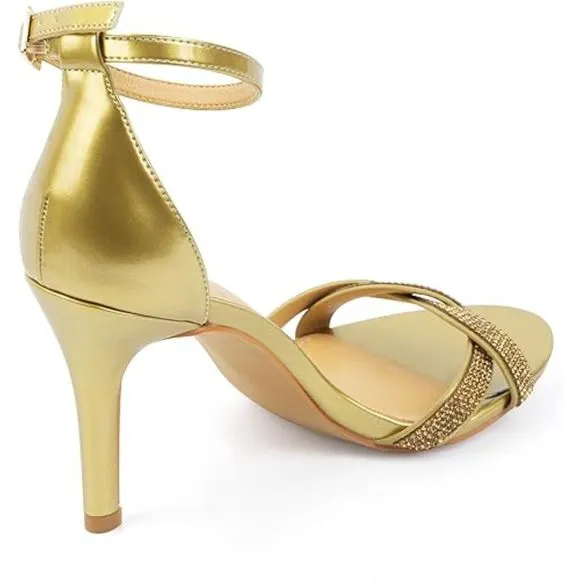 Women's Heeled Rhinestones Gold Sandals Stilettos Open Toe Ankle Strap Buckle