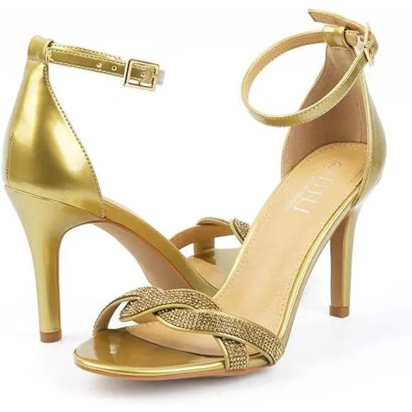Women's Heeled Rhinestones Gold Sandals Stilettos Open Toe Ankle Strap Buckle