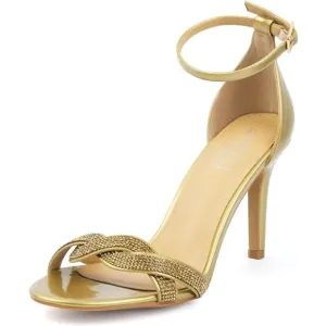 Women's Heeled Rhinestones Gold Sandals Stilettos Open Toe Ankle Strap Buckle